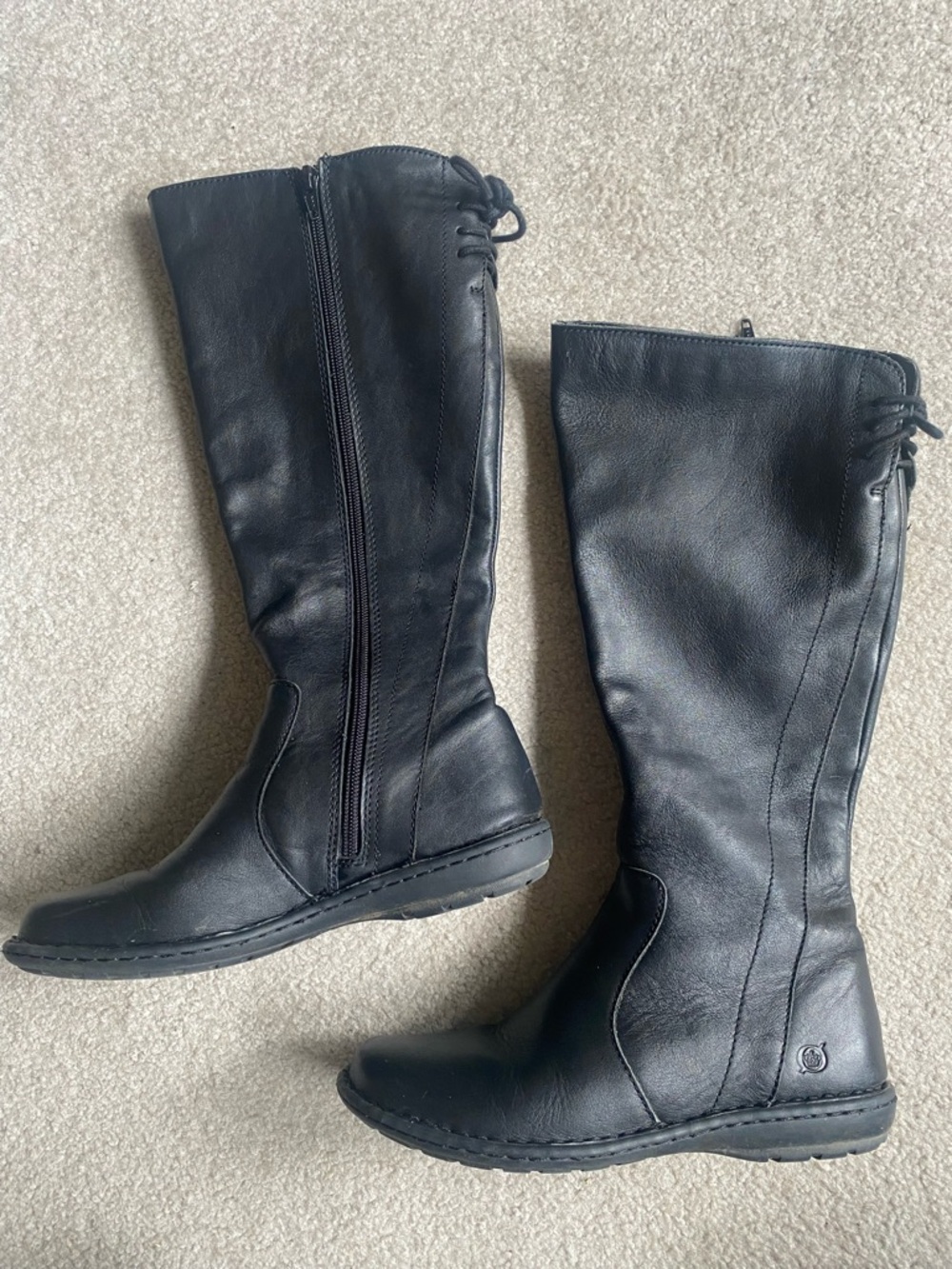Women's Black Leather Knee-High Zip Boots - Picture 2 of 7
